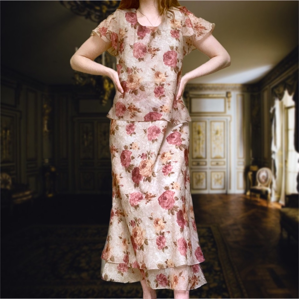 Vintage Miss Dorby Tan Floral Layered Maxi Dress Size 8